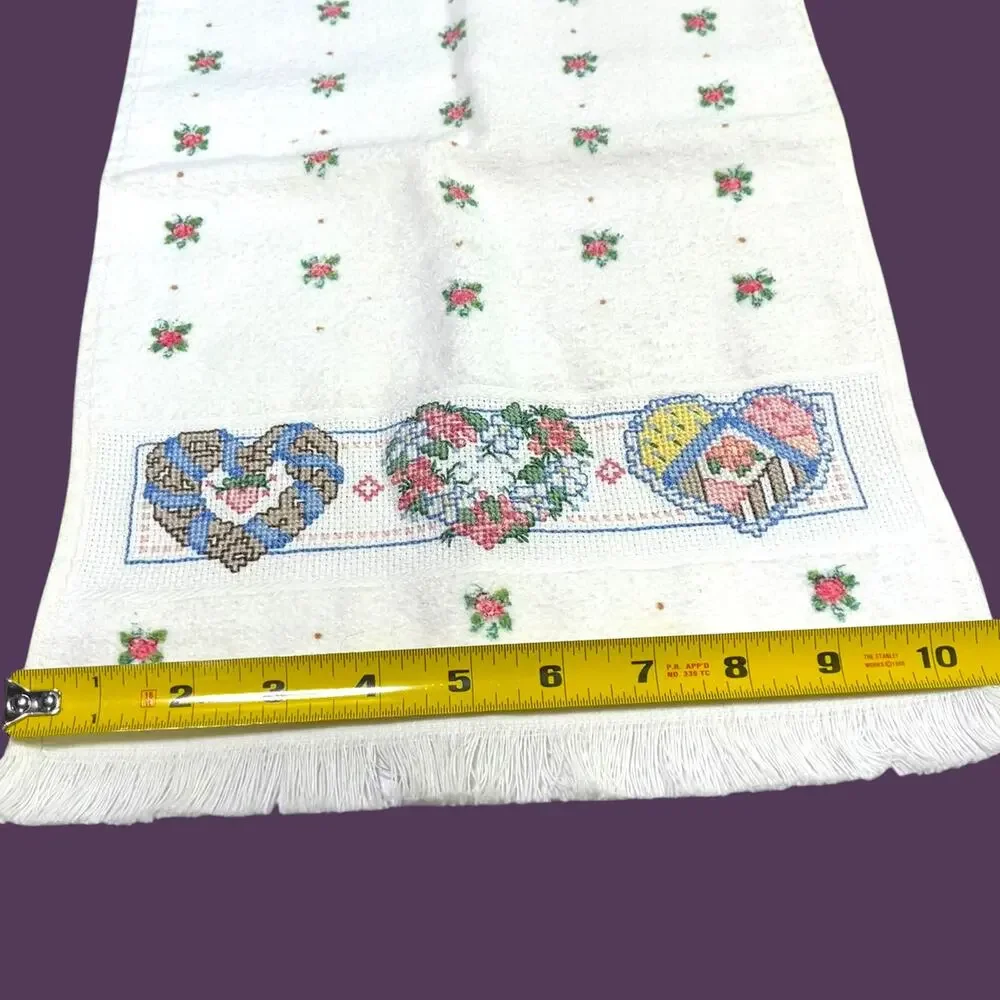 Vintage Cross Stitch Hearts Floral Hand Towel Fringe White 18x10.5 Cottage